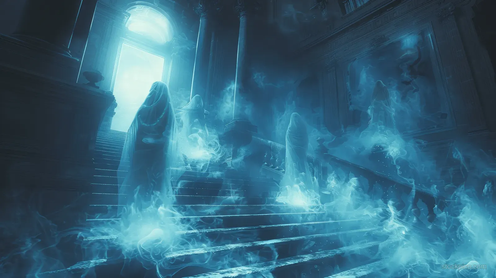 Ghostly silhouettes rise along a haunted mansion staircase, surrounded by blue fog and teal light.