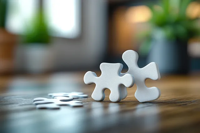 White jigsaw puzzle pieces locking together on desk for teamwork collaboration concept