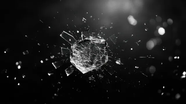 Close-up of shattered glass with sharp fragments bursting outward against a dark background.