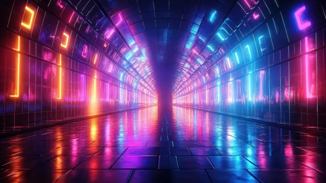 A glowing neon tunnel stretches into the distance, casting colorful reflections across a shiny tiled floor.
