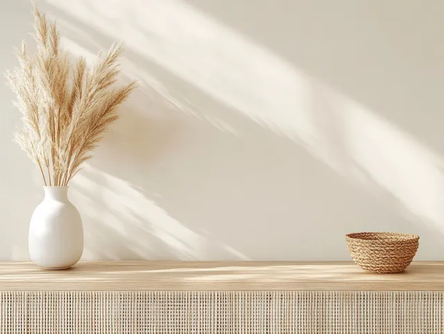 Wooden sideboard in a minimalist Scandinavian interior with a white vase of dried pampas grass and a woven lamp.
