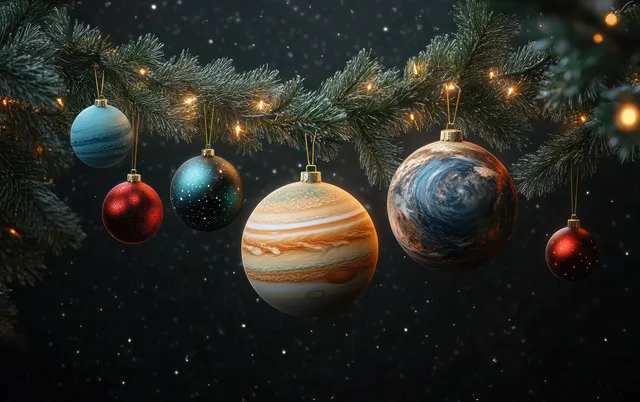 Planet-shaped Christmas tree ornaments hang among pine branches against a dark starfield background.