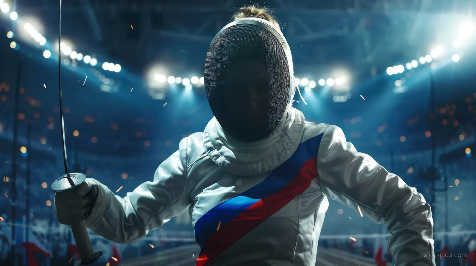 A Russian woman fencer in protective mask lifts a foil in a crowded, spotlighted stadium arena.