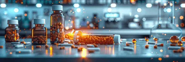 Frascos ámbar de pastillas y tabletas esparcidas sobre una mesa de laboratorio bajo una brillante luz cinematográfica con bokeh.