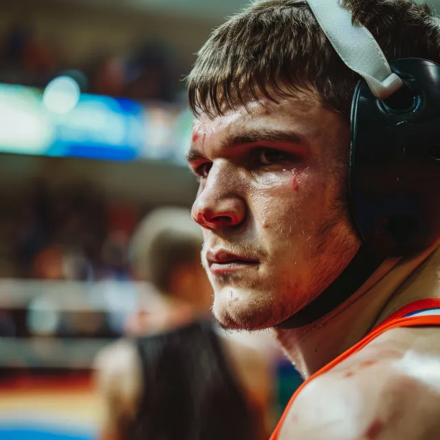 Russian freestyle wrestler bares intense face during match, close-up on arena mat