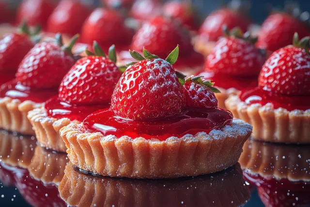 Strawberry cream tarts lined up on a glossy dark serving surface