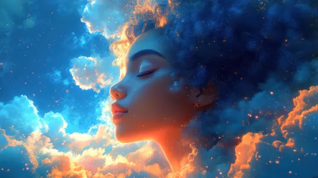 Joyful woman looking up at blue sky, smiling face in glowing sunset clouds