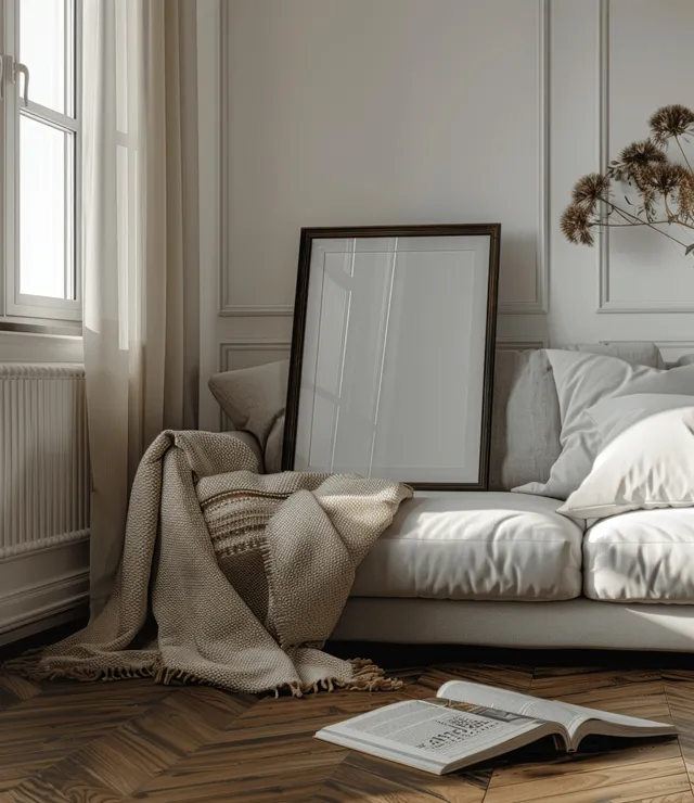 Neutral living room with sofa and a blank A4 frame mockup beside an open book on the floor.