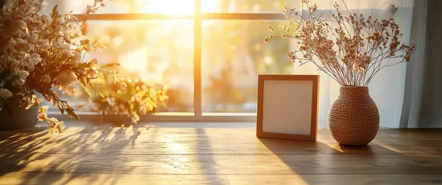 Blank picture frame and woven vase with dried flowers on a wooden table by a bright window.