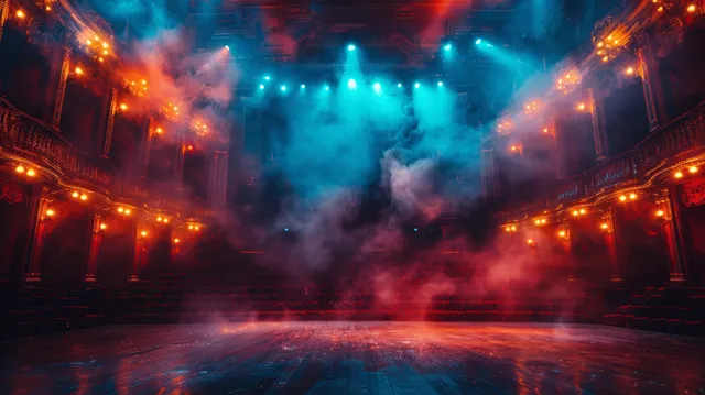 Empty opera house stage with colorful spotlights, drifting smoke, and velvet curtains