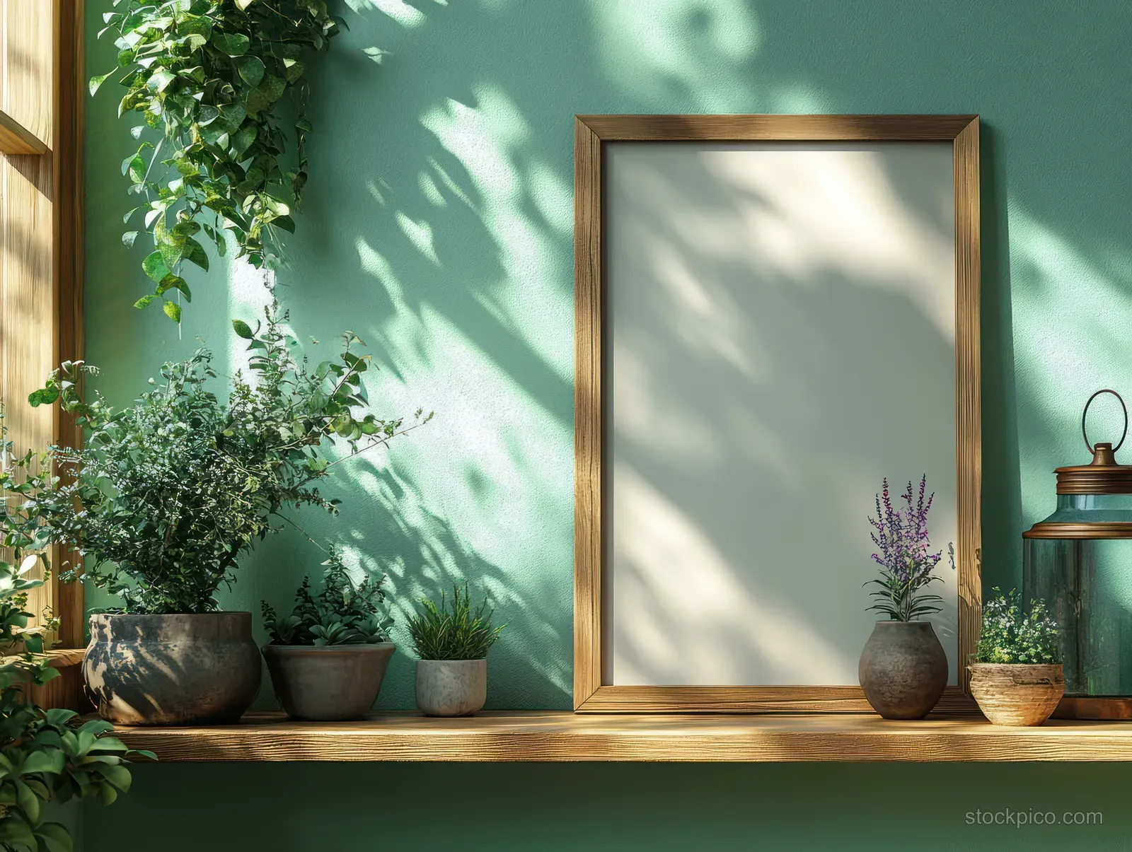Blank wooden picture frame on a shelf with potted plants and a green wall under soft sunlight shadows.