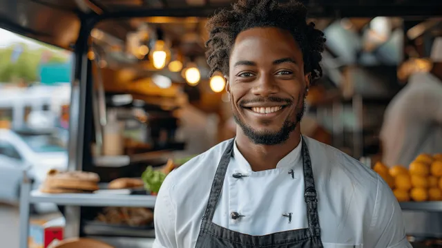 Smiling young African American chef in apron standing in front of food truck