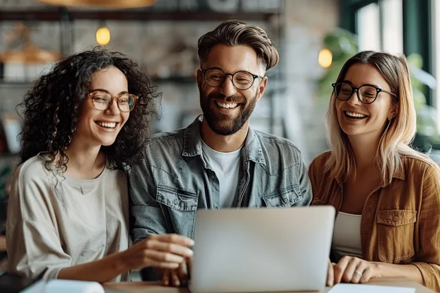 Diverse young coworkers laughing together at office table, sharing laptop screen.
