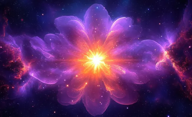 A glowing supernova star explodes at the center of a purple and pink cosmic nebula with swirling gas clouds.