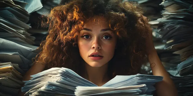 Exhausted businesswoman slumps at an office desk, surrounded by overflowing documents under midnight lighting.