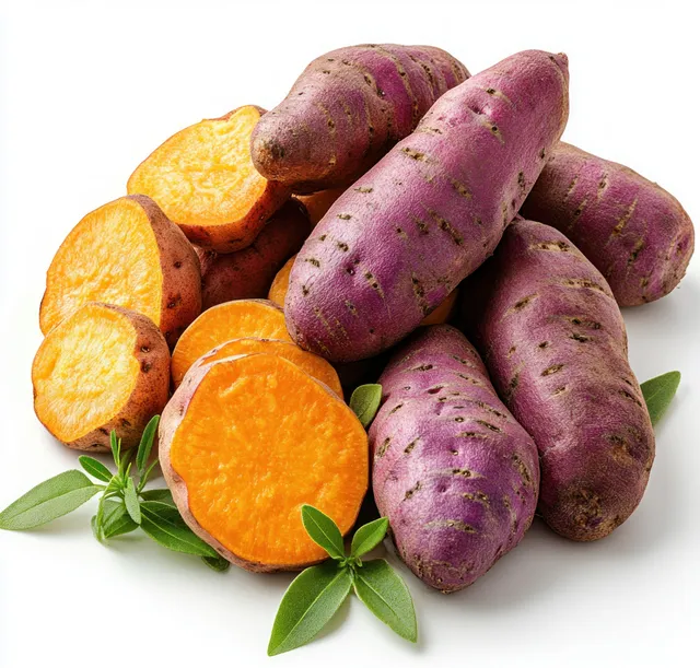 Whole and sliced sweet potatoes with orange and purple flesh on white background