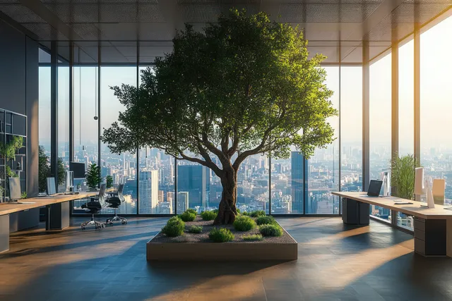 A large green tree stands in the center of an open office beneath floor-to-ceiling windows with a sunny city skyline outside.