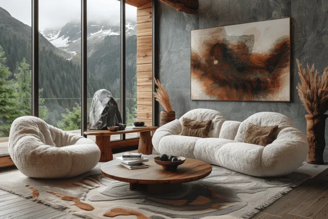 Minimalist living room with round sofas, soft armchairs, and mountain view windows