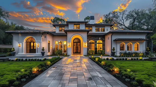 Modern Spanish colonial villa exterior at dusk with arched windows, lit pathway, and landscaped gardens.