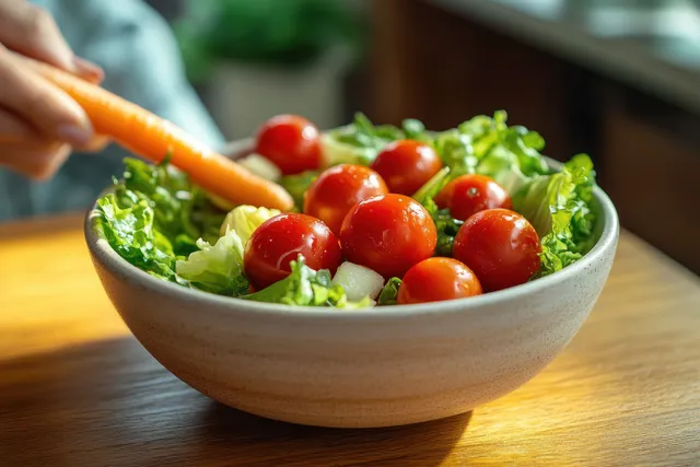 Closeup salad bowl with cherry tomatoes and lettuce on wooden table, hand adding carrot
