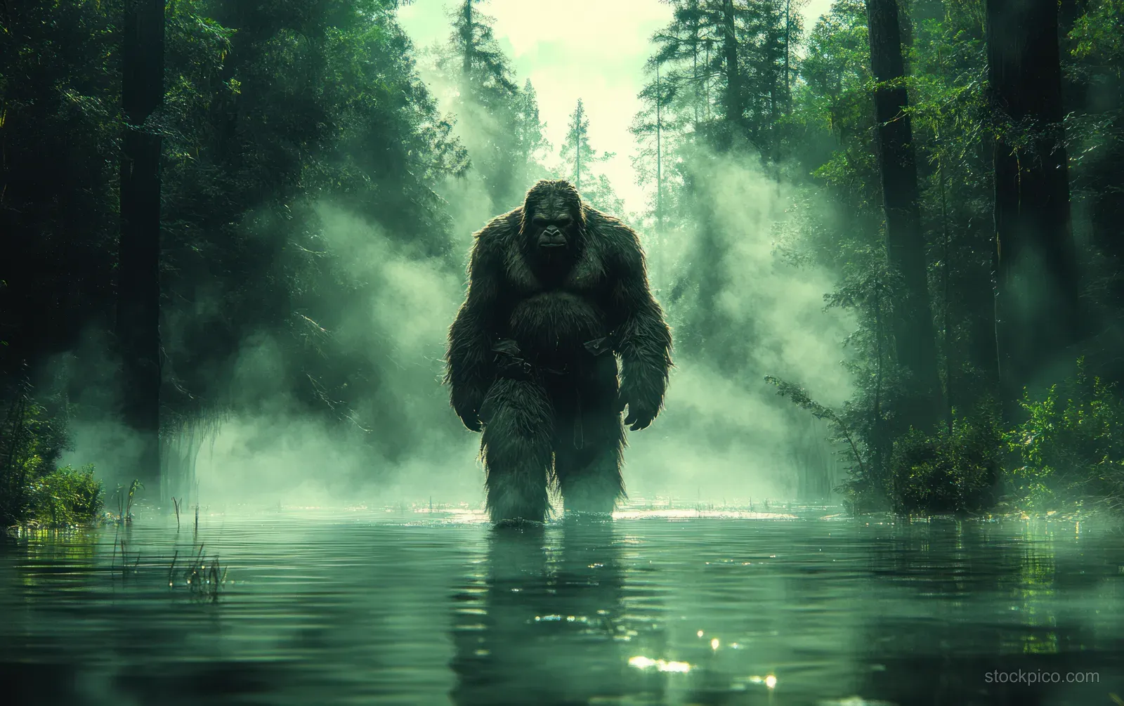 A hairy swamp cryptid emerges from misty bayou water in a Louisiana forest at night.