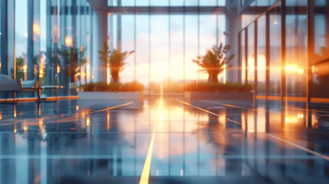 Empty modern office room with desks and large glass windows casting warm sunset light.