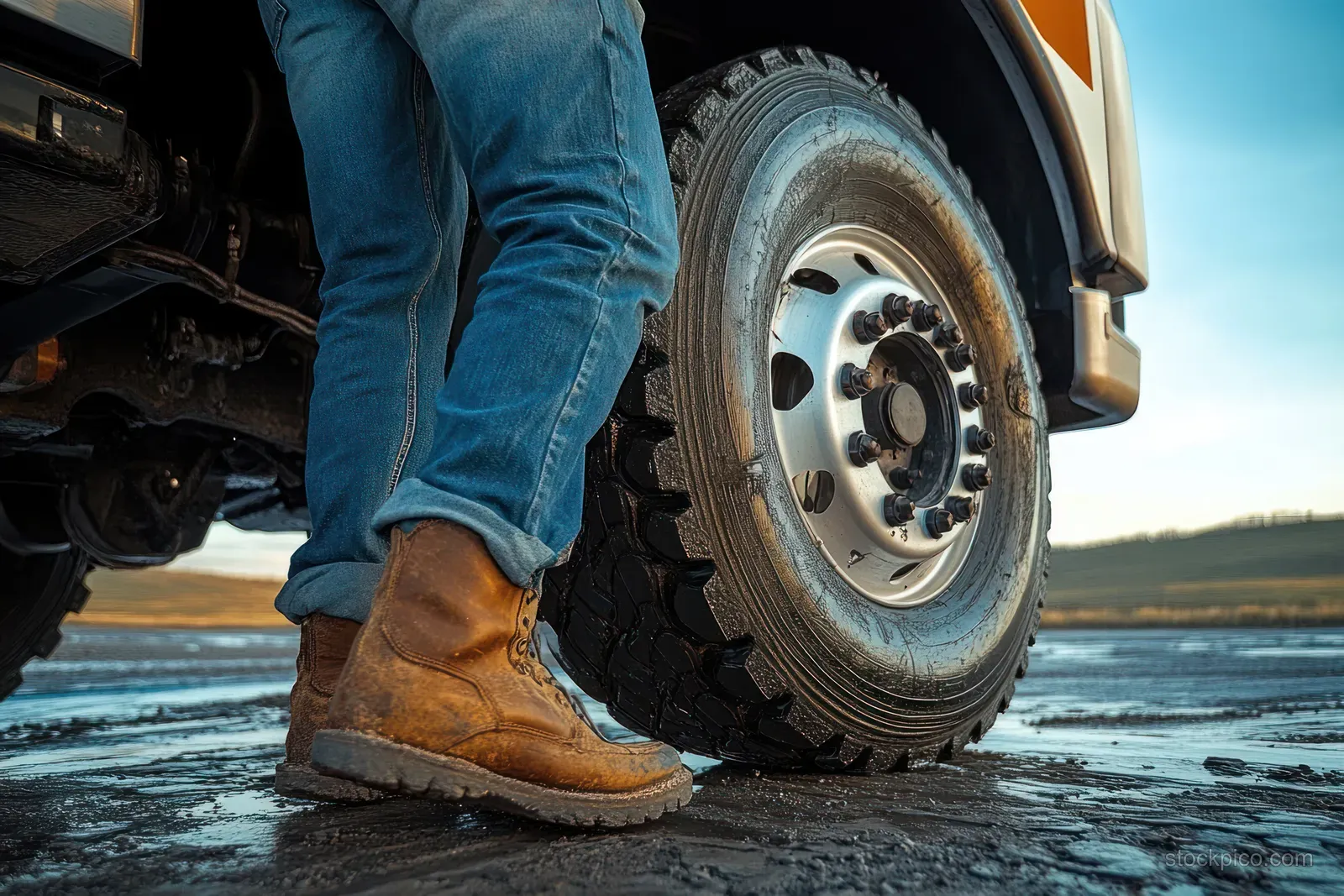 Brown work boots stand beside a large truck tire on wet muddy ground outdoors.
