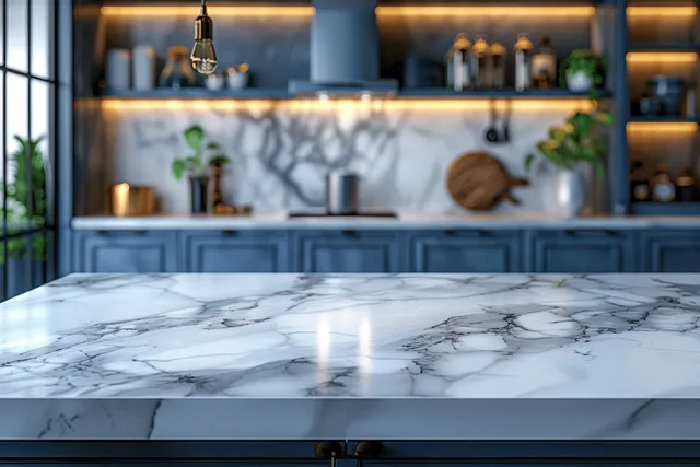Blue and white kitchen interior with marble countertop, blurred shelves and warm pendant lighting