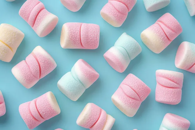 Pastel pink and blue marshmallows scattered on a light blue background with visible fluffy texture.