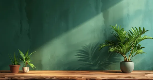 Minimalist wooden table with potted plants placed against a textured green wall indoors.