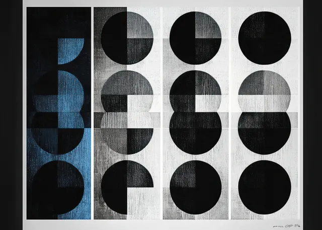 Minimalist poster featuring monochrome circular panels with layered cutouts and subtle blue stripe