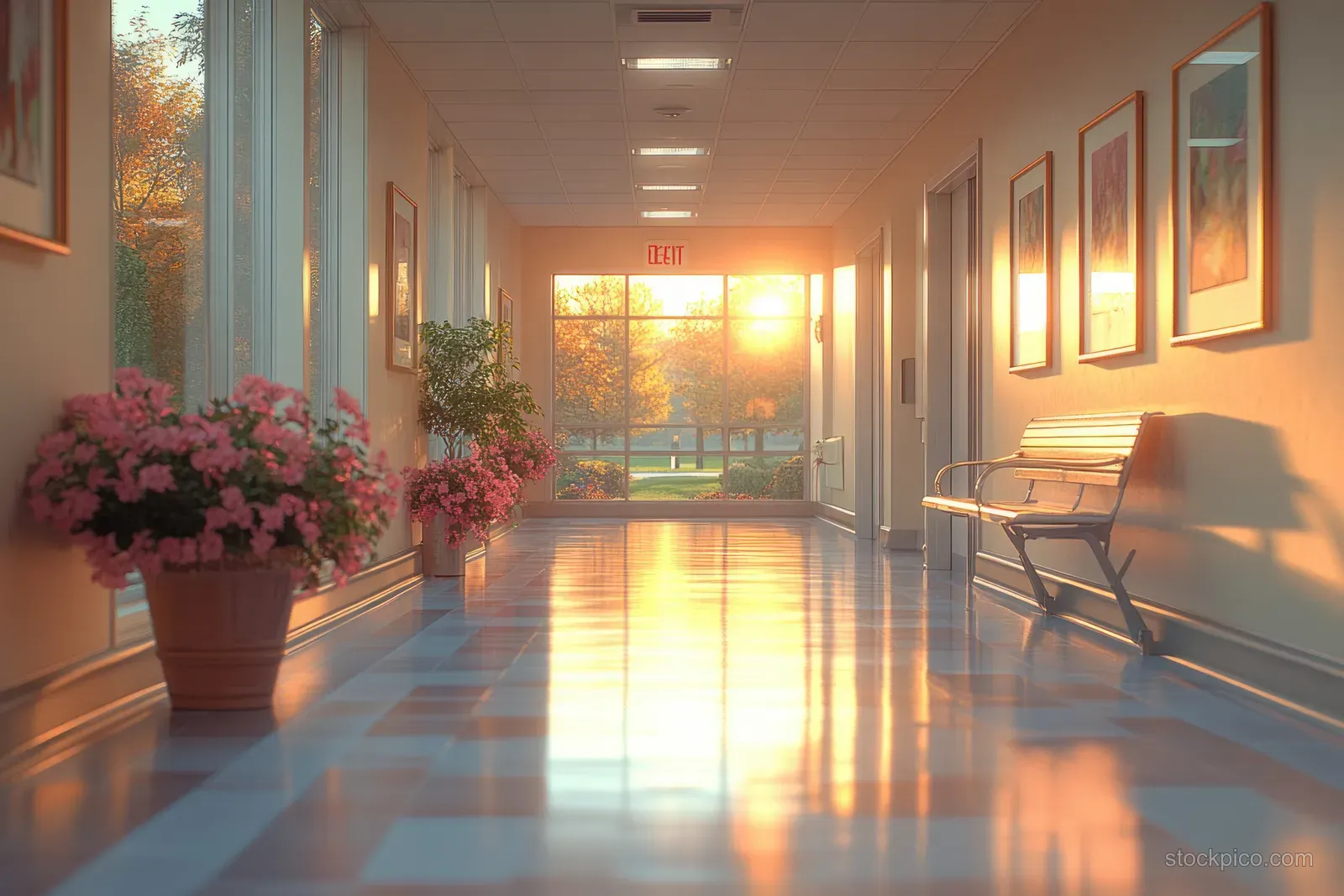 Warm-lit empty hospital corridor with soft-focus framed pictures, potted flowers, and a bench along the hallway.