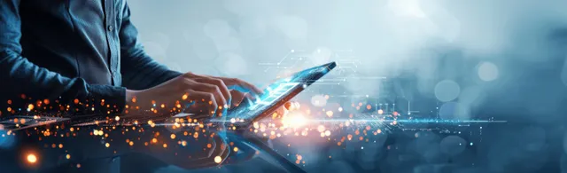 Businessman analyzing sales charts on a tablet with floating hologram data overlays