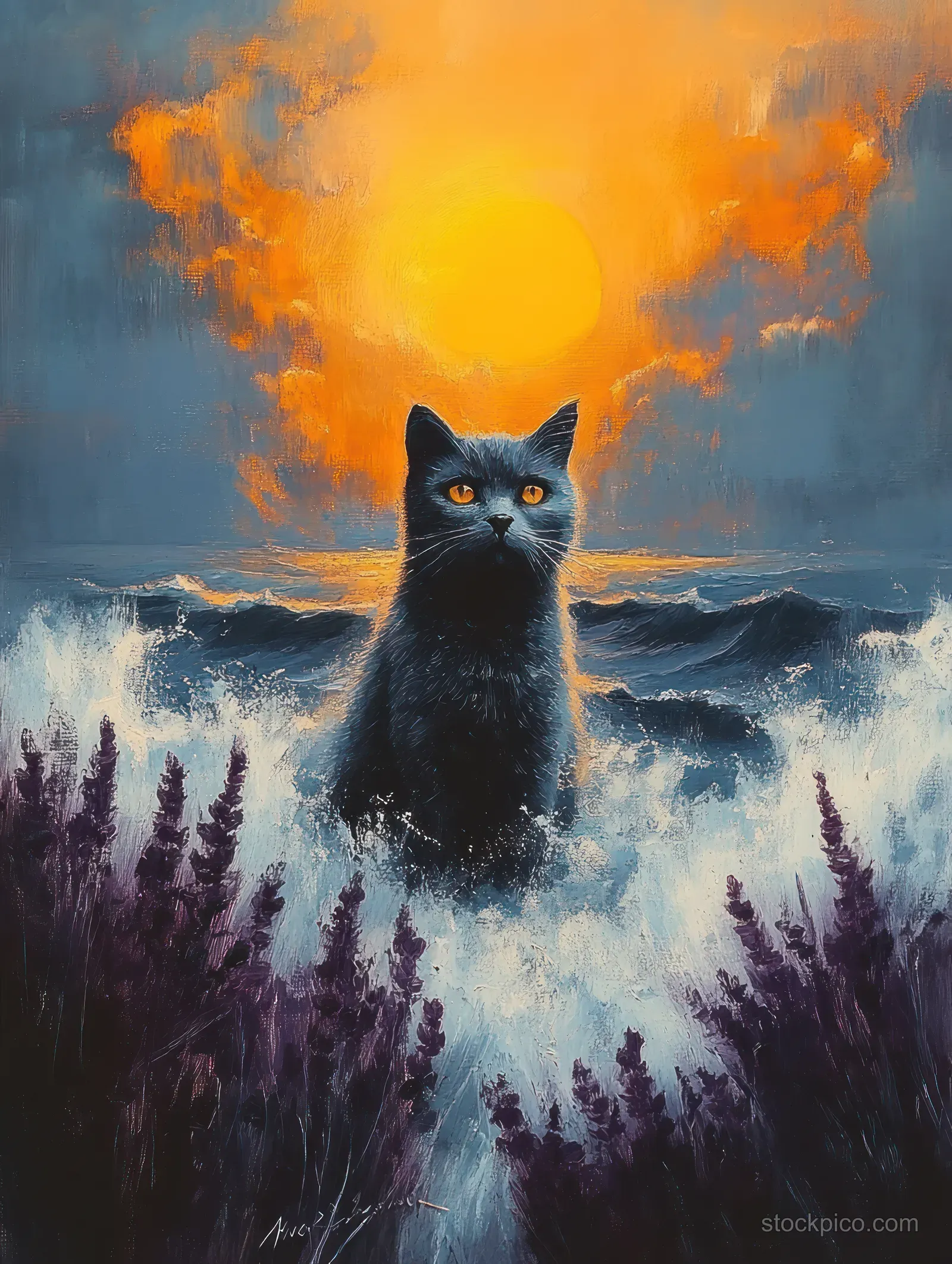 A black cat silhouette stands among purple flowers by misty ocean waves under an orange sunset sky.