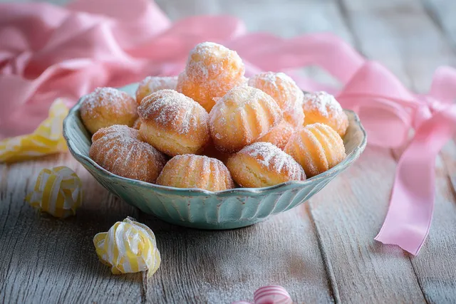 Almond pastries piled in a turquoise bowl on rustic table with pink ribbons