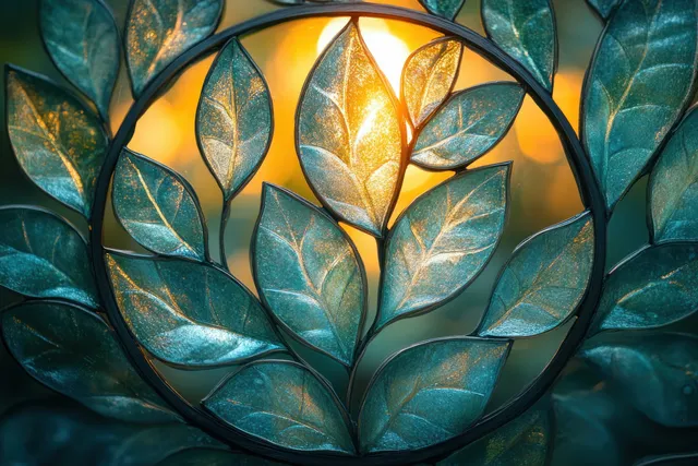 Layered green dieffenbachia leaves create a circular decorative pattern with a warm glowing center.