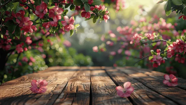 An empty wooden table sits in a sunlit garden with pink cherry blossoms and soft blurred greenery behind.
