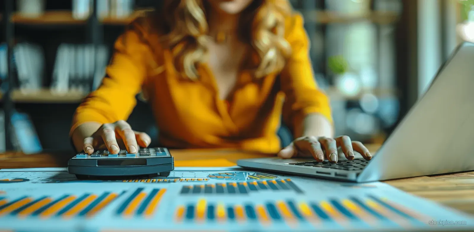Businesswoman typing on a laptop and using a calculator over tax paperwork at an office desk.