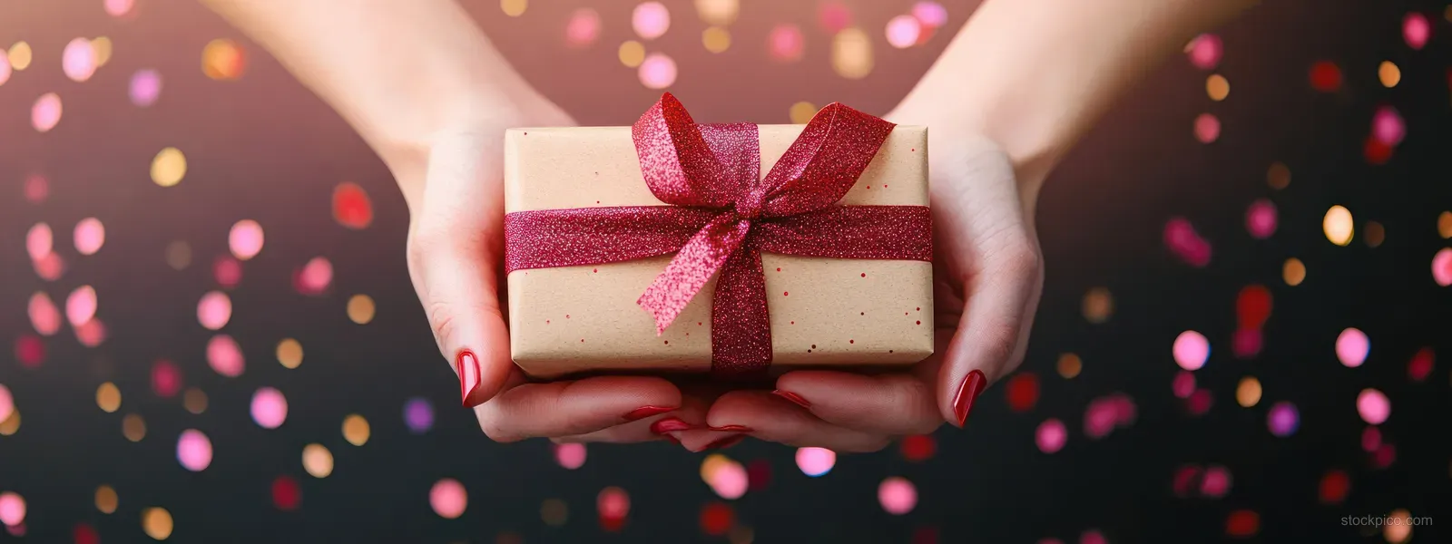 Two hands with red nail polish hold a beige gift box tied with a sparkling red ribbon amid colorful confetti.