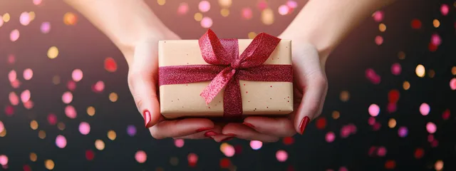 Two hands with red nail polish hold a beige gift box tied with a sparkling red ribbon amid colorful confetti.