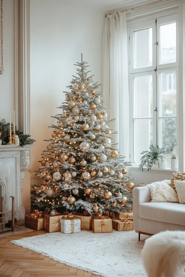 Cozy Scandinavian living room with lit Christmas tree, soft textiles, and winter light by window with Home Holiday Decor