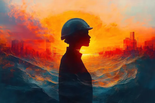 Silhouette construction worker in helmet facing fiery sunset with city skyline and turbulent ocean waves