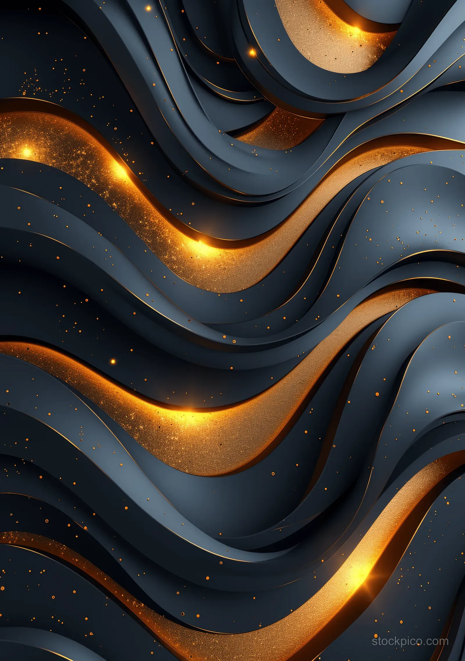 A dark background shows glowing gold geometric stripes flowing along wavy curves with small speckled sparkles.