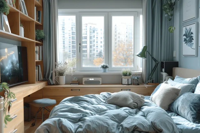 Minimalist bedroom workspace with desk, large windows, green lamp, and blue bedding with Interior Design
