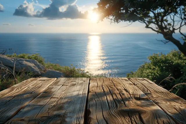 Rustic wooden table overlooks ocean sunset, golden horizon light and leafy coastal framing