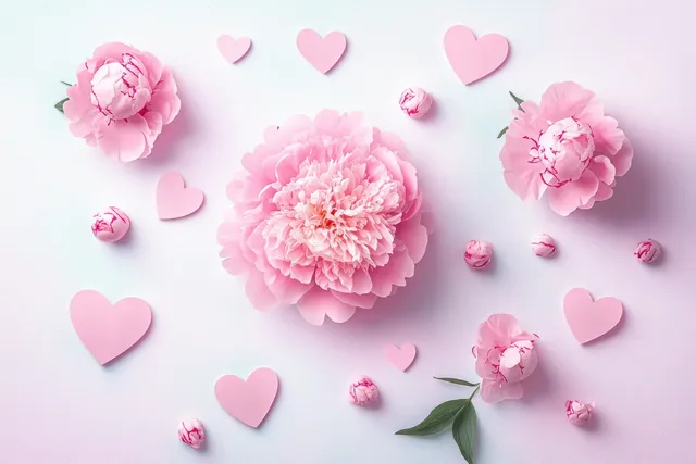 Pink peonies and paper heart cutouts arranged flat on a pale backdrop with petals scattered