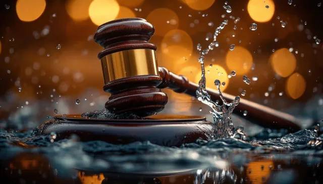Wooden judge gavel strikes a sound block, splashing water droplets over a wet surface with warm bokeh lights behind.