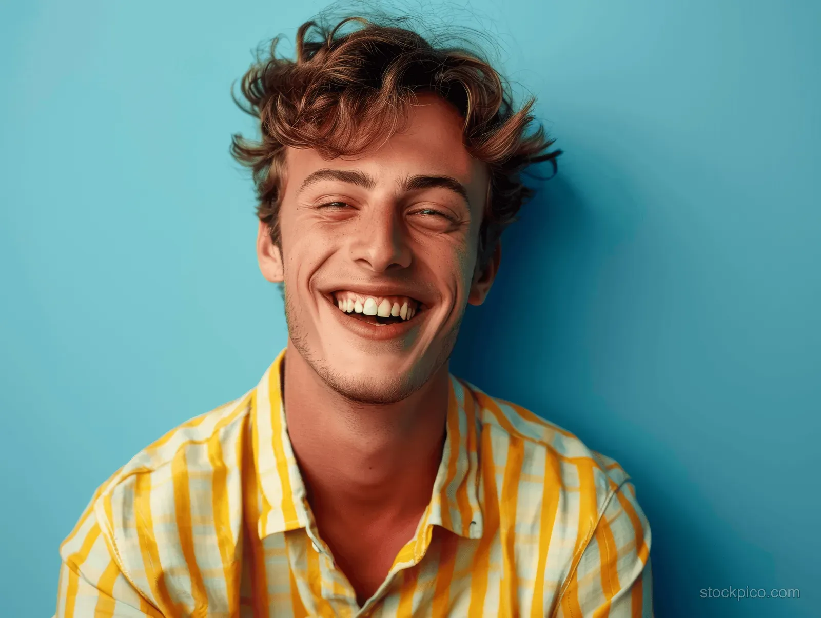 A young man laughs and smiles in a yellow striped shirt against a solid blue background.