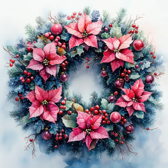Hand-painted Christmas wreath with poinsettias, red ornaments, and frosty winter foliage