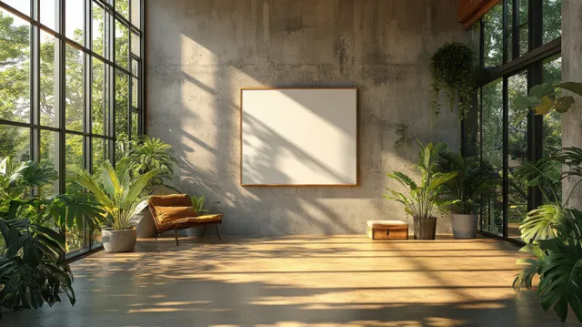 Modern office interior with bright window light, blank concrete wall canvas display